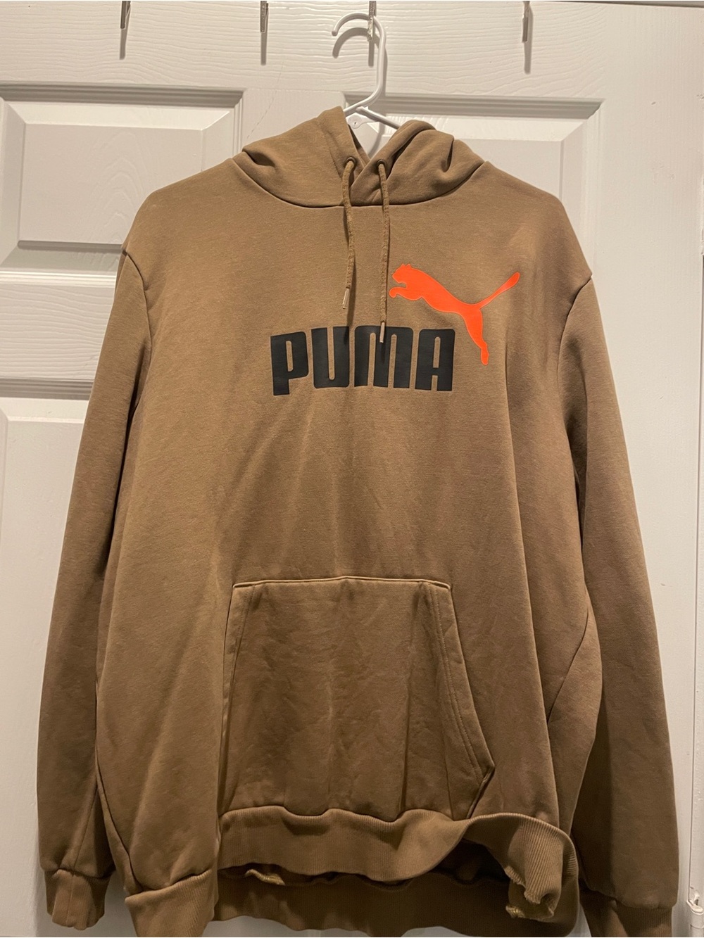 Puma Men's Tan Hoodie with Bright Orange Logo